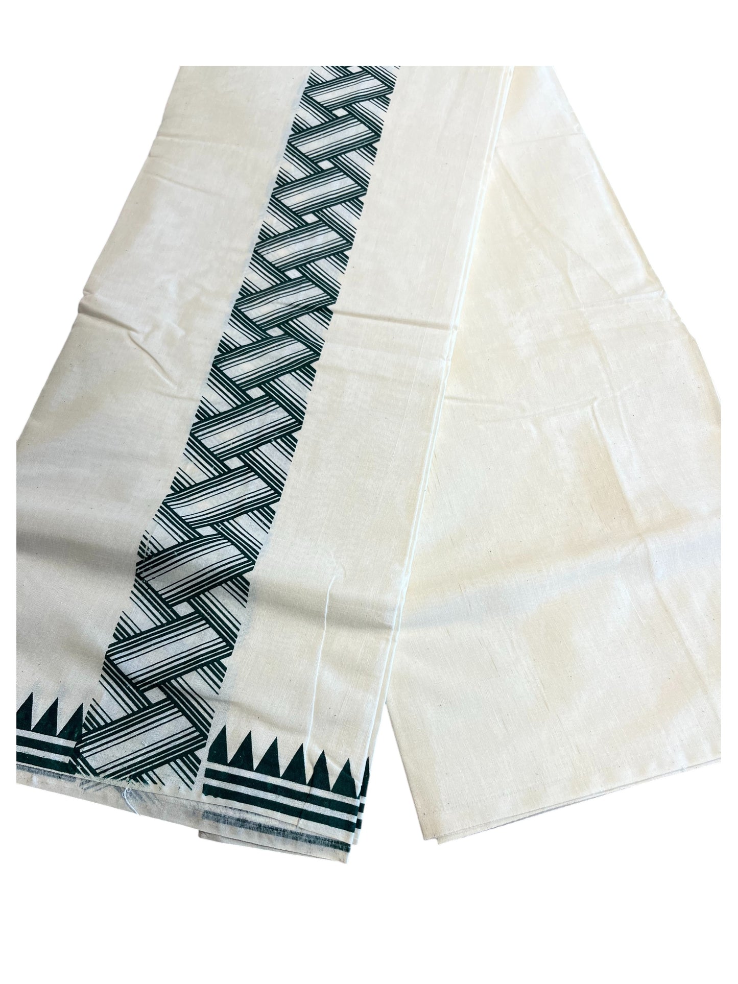 Southloom Pure Cotton Double Mundu with Block Prints on Green Kara (South Indian Kerala Dhoti)