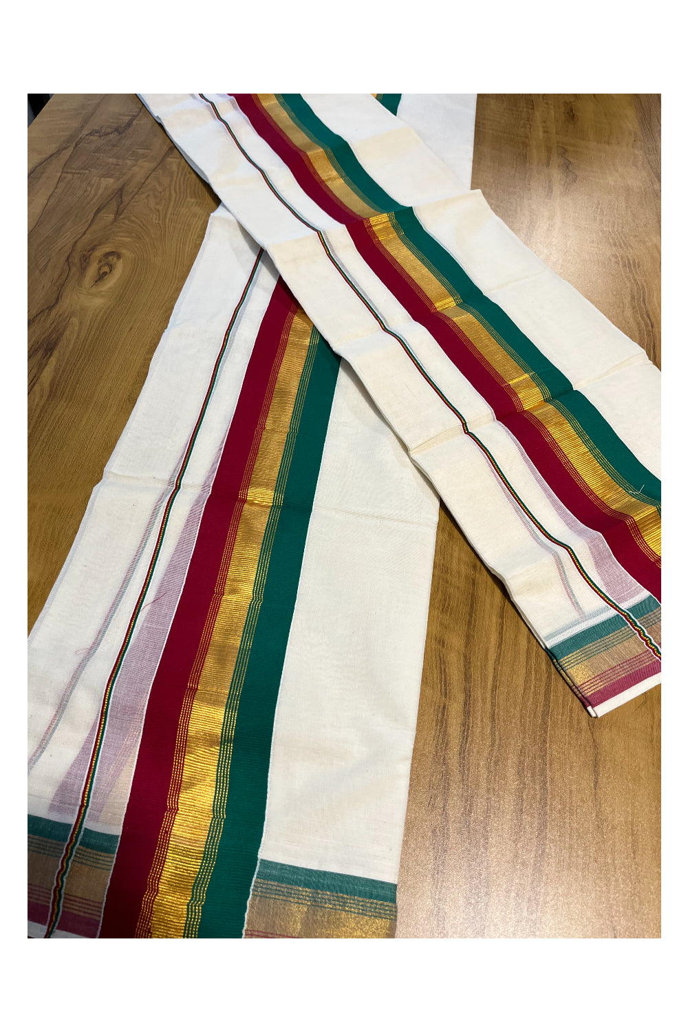 Kerala Cotton Kasavu Set Mundu (Mundum Neriyathum) with Maroon and Green Border SLKK