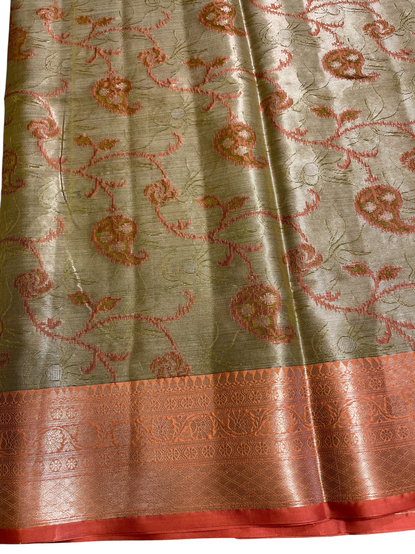 Southloom Tissue Silk Saree with Woven Work on Body and Borders (Green & Orange)