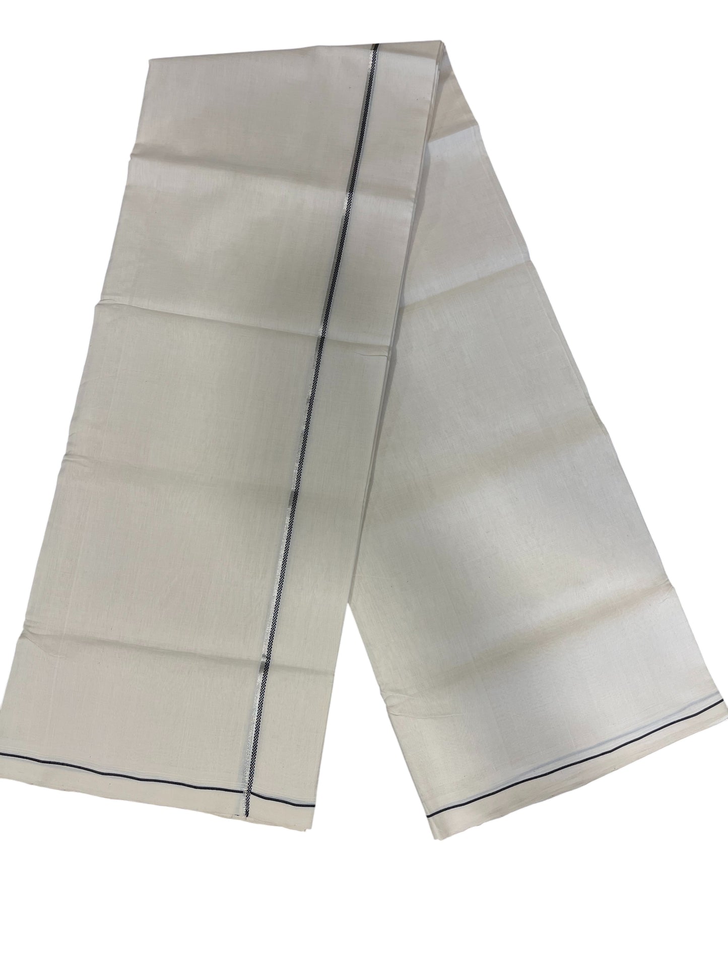 Southloom Premium Handloom Cotton Double Mundu with Black And Silver Line Border