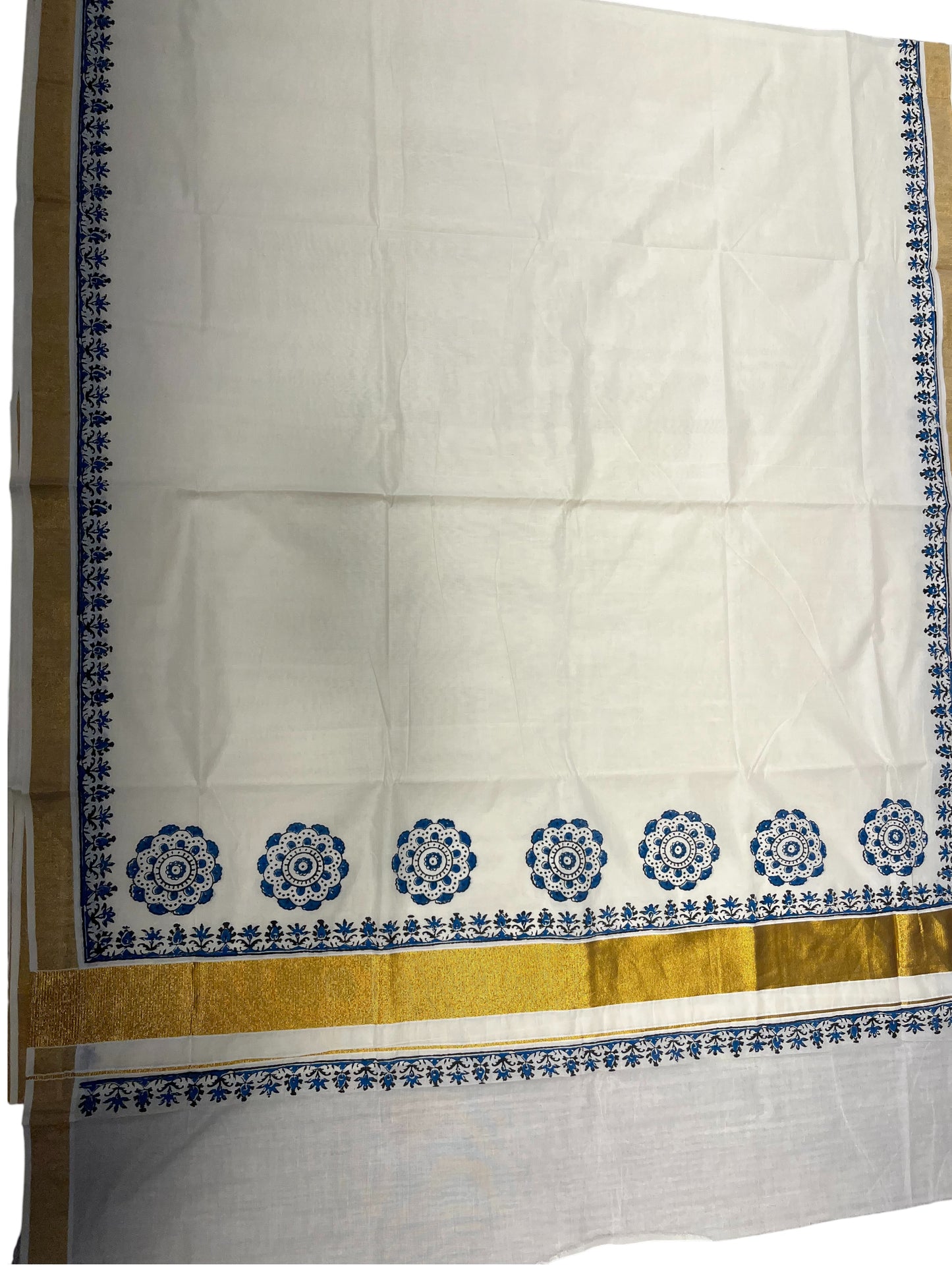 Southloom Cotton Kerala Kasavu Saree with Black and Blue Block Prints On Border