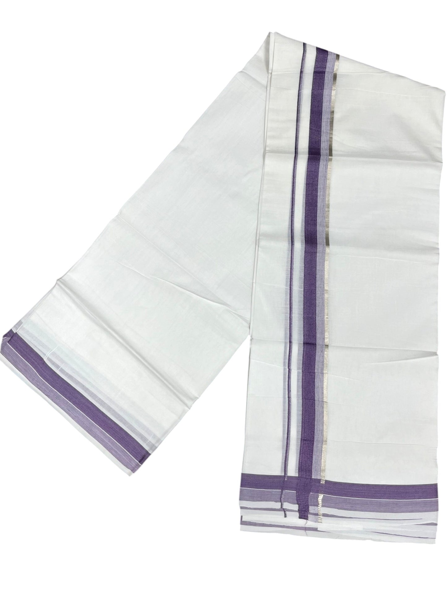 Southloom Pure White Cotton Mundu with Silver Line & Lavender Border (South Indian Kerala Dhoti)