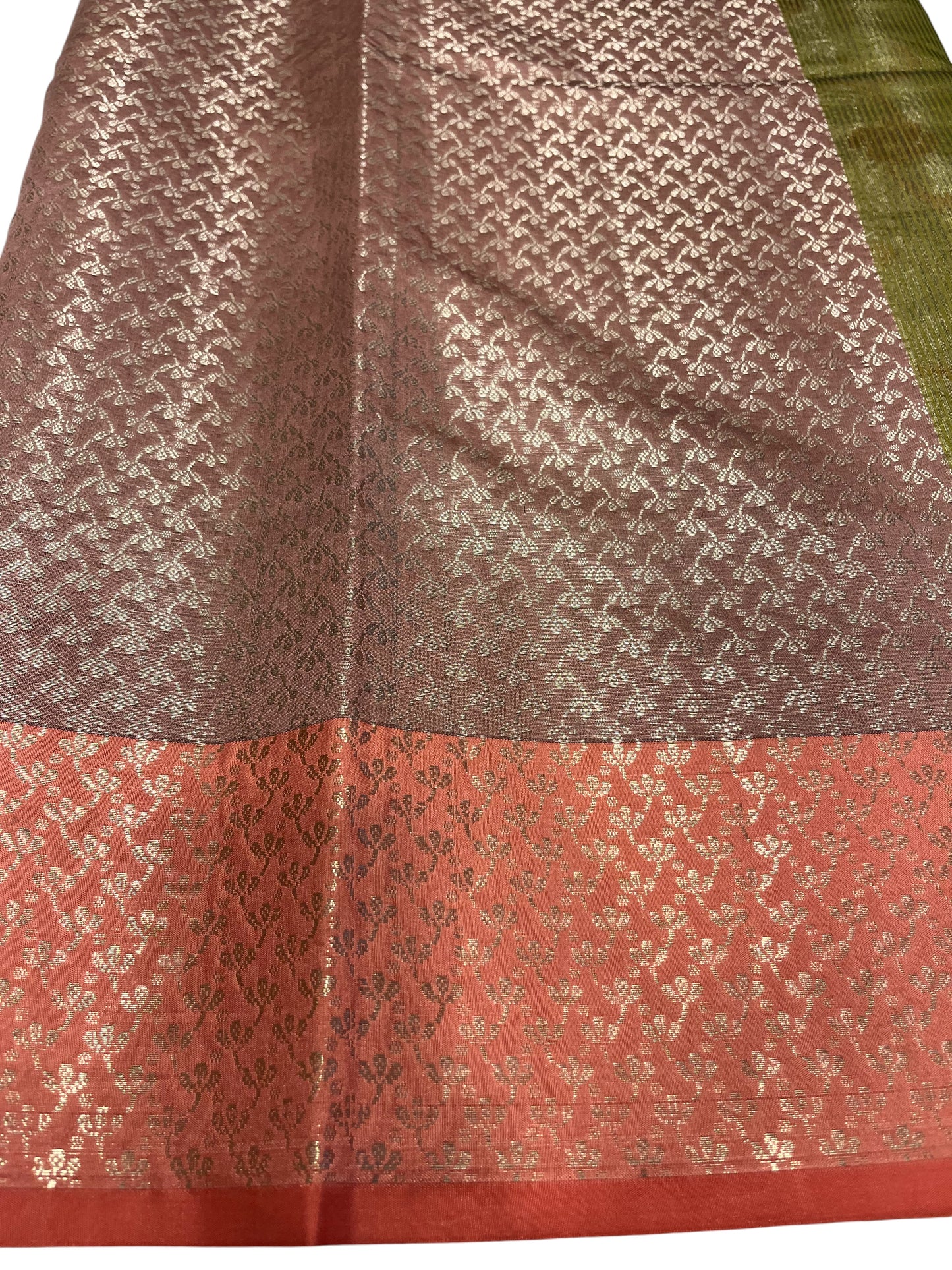 Southloom Tissue Silk Saree with Woven Work on Body and Borders (Green & Orange)