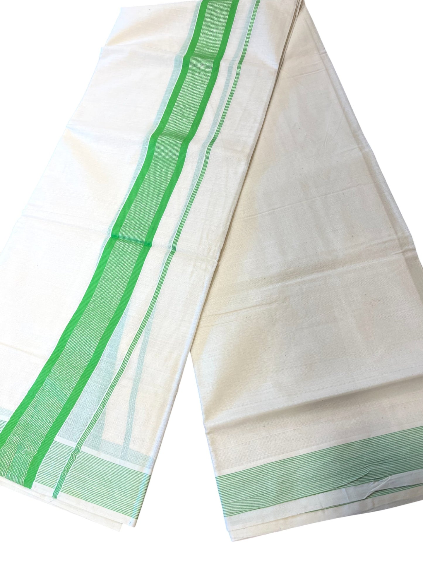 Southloom Kerala Pure Cotton Double Mundu with Silver Lines & Green Border (South Indian Dhoti)