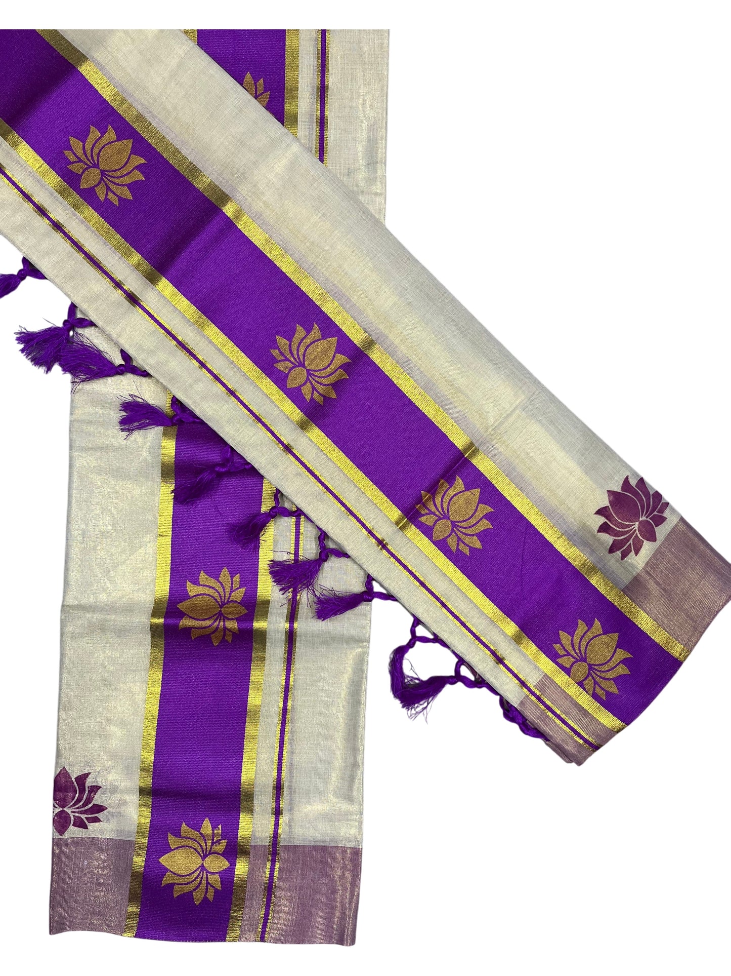 Southloom Kerala Cotton Kasavu Single Set Mundu (Mundum Neriyathum) with Lotus Design in Magenta