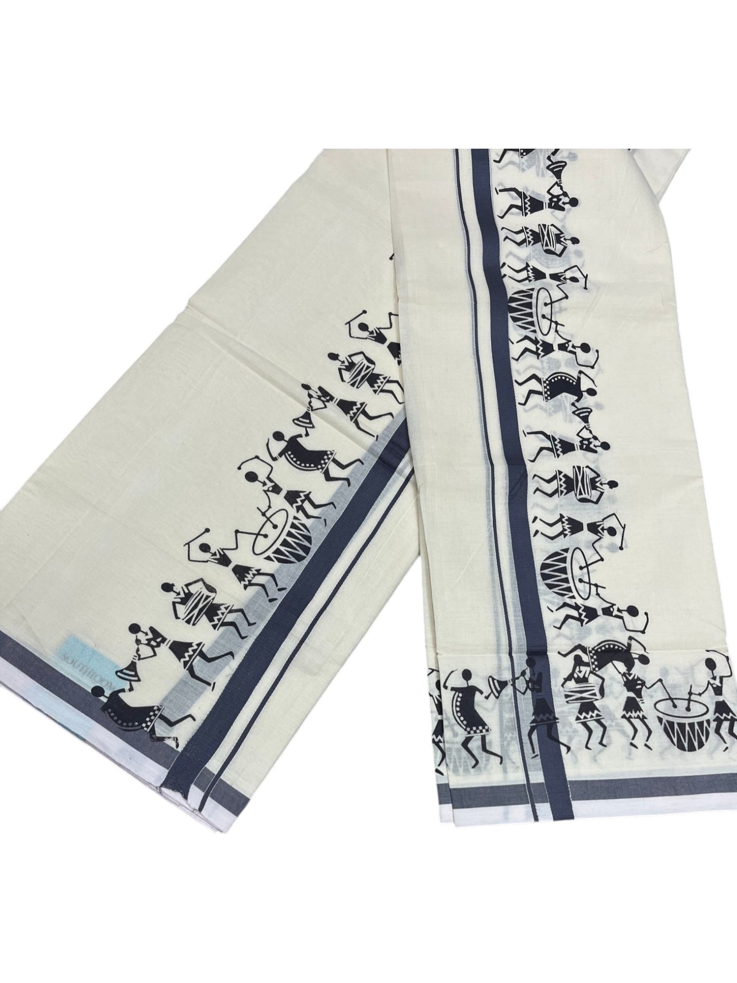 Southloom Pure Cotton Kerala Single Warly Print Set Mundu (Mundum Neriyathum) Grey Border in 2.50 mtrs SL246