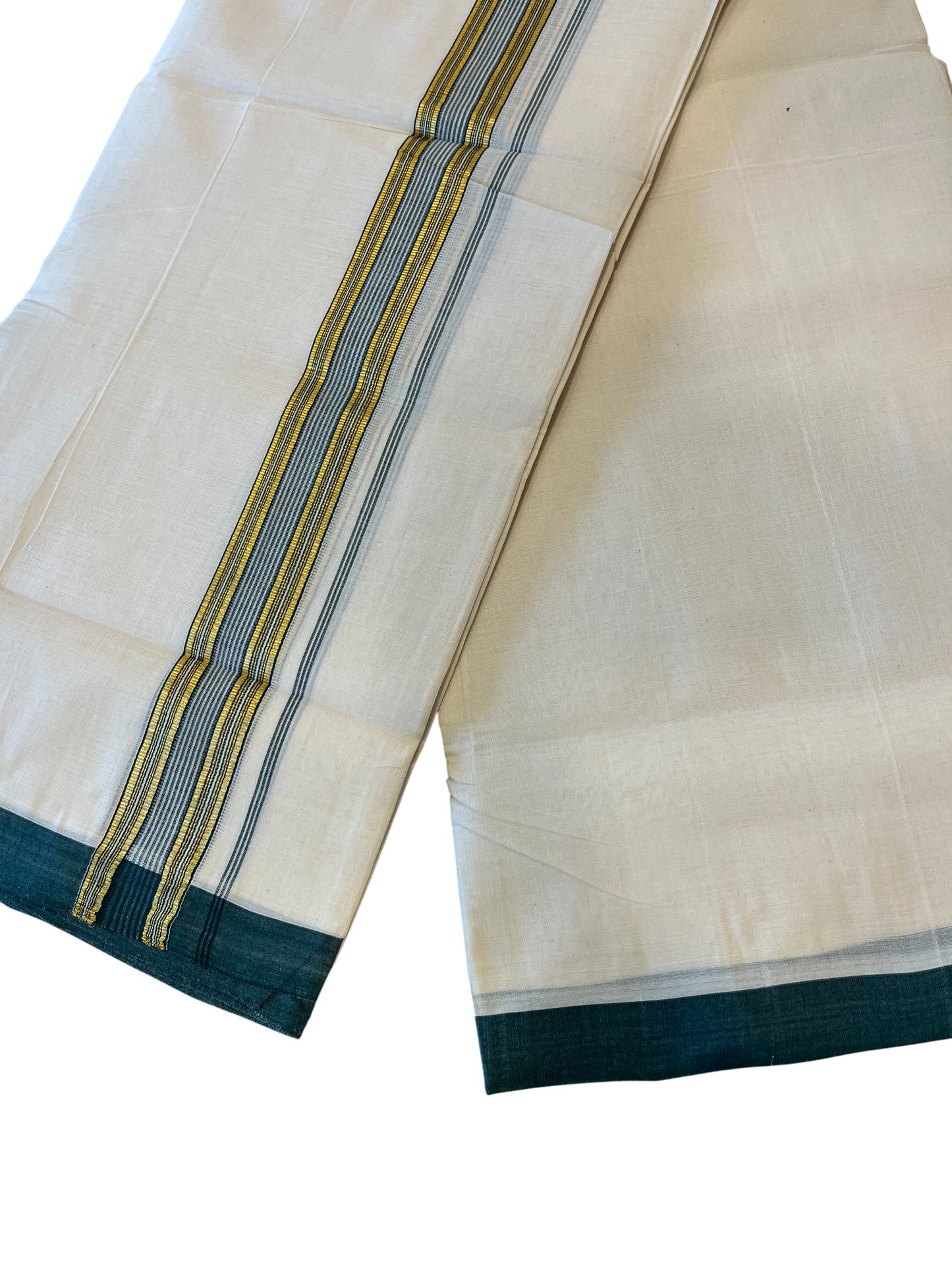 Southloom Premium Handloom Cotton Double Mundu with Gold and Green Border