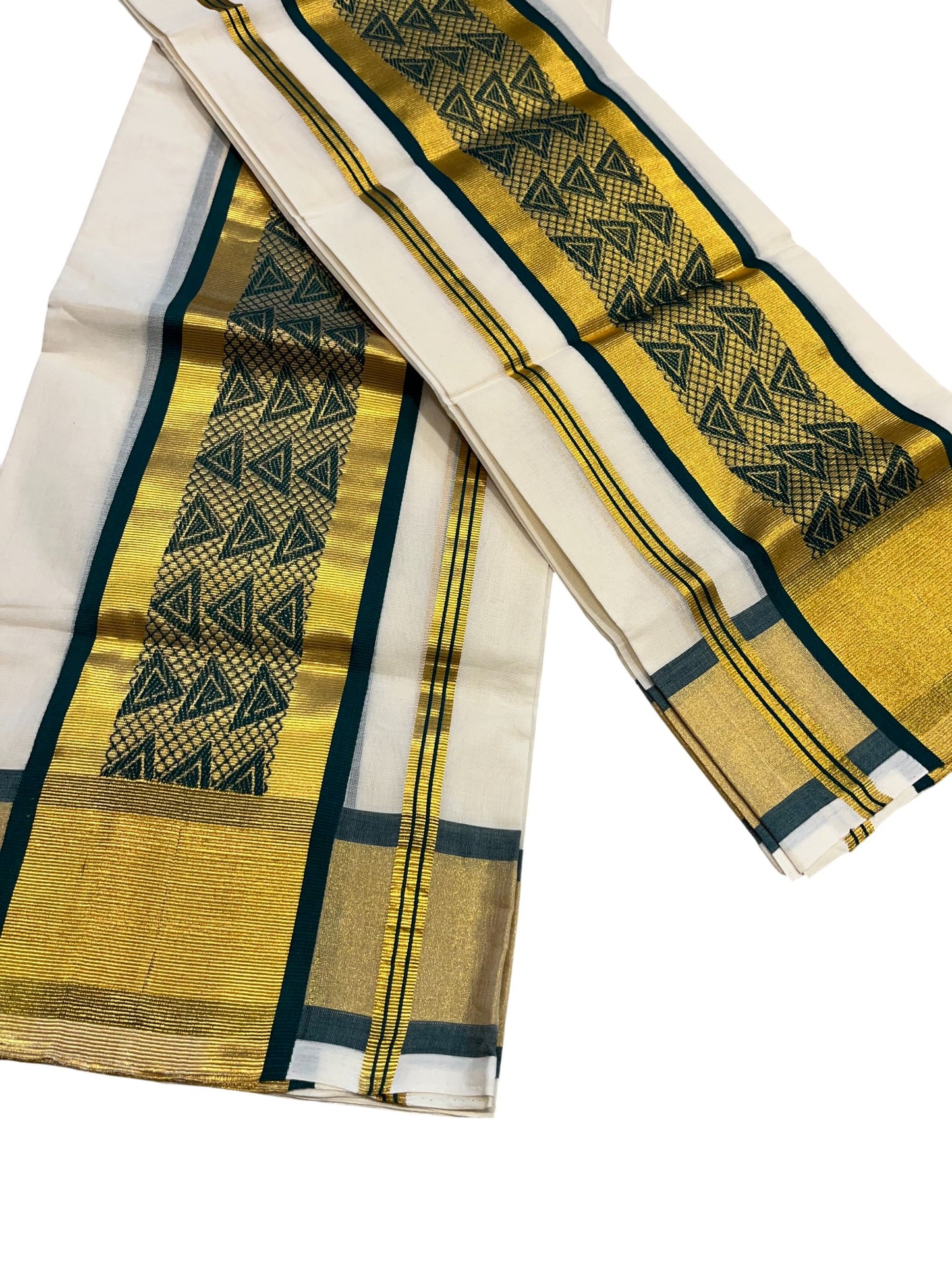 Southloom Premium Handloom Set Mundu with Kasavu and Green Golden Border (2.80 Mtr)