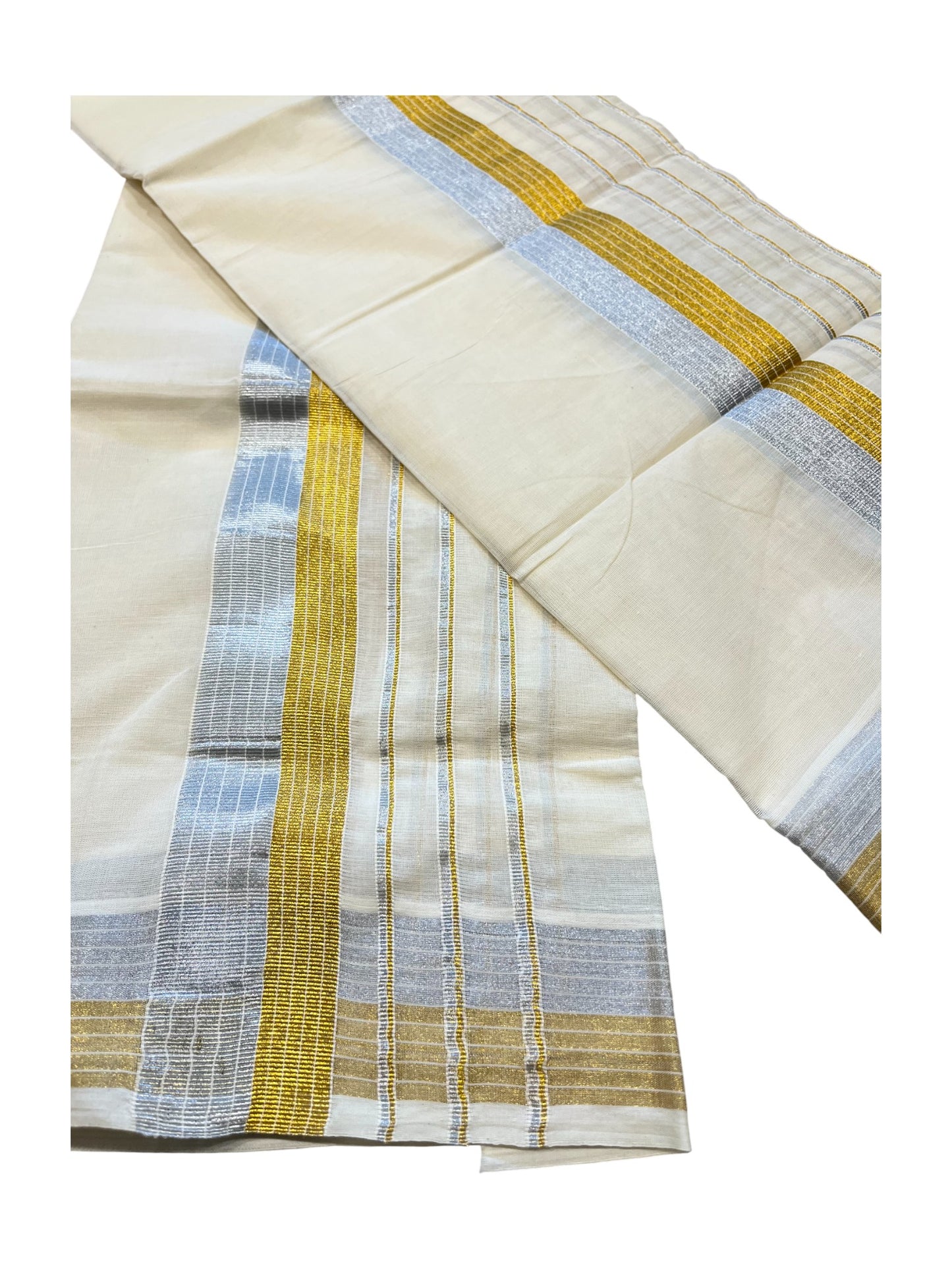Southloom Pure Cotton Mundum Neriyathum (Set Mundu) with Silver and Kasavu Line Border
