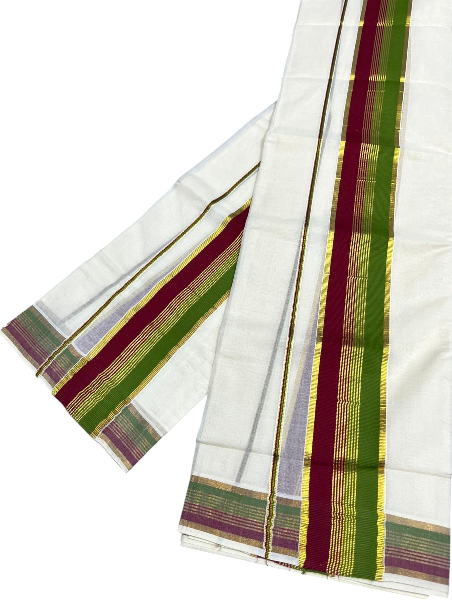 Southloom Kerala Cotton Kasavu Single Set Mundu (Mundum Neriyathum) with Maroon and Olive Green Kasavu Border SLKK