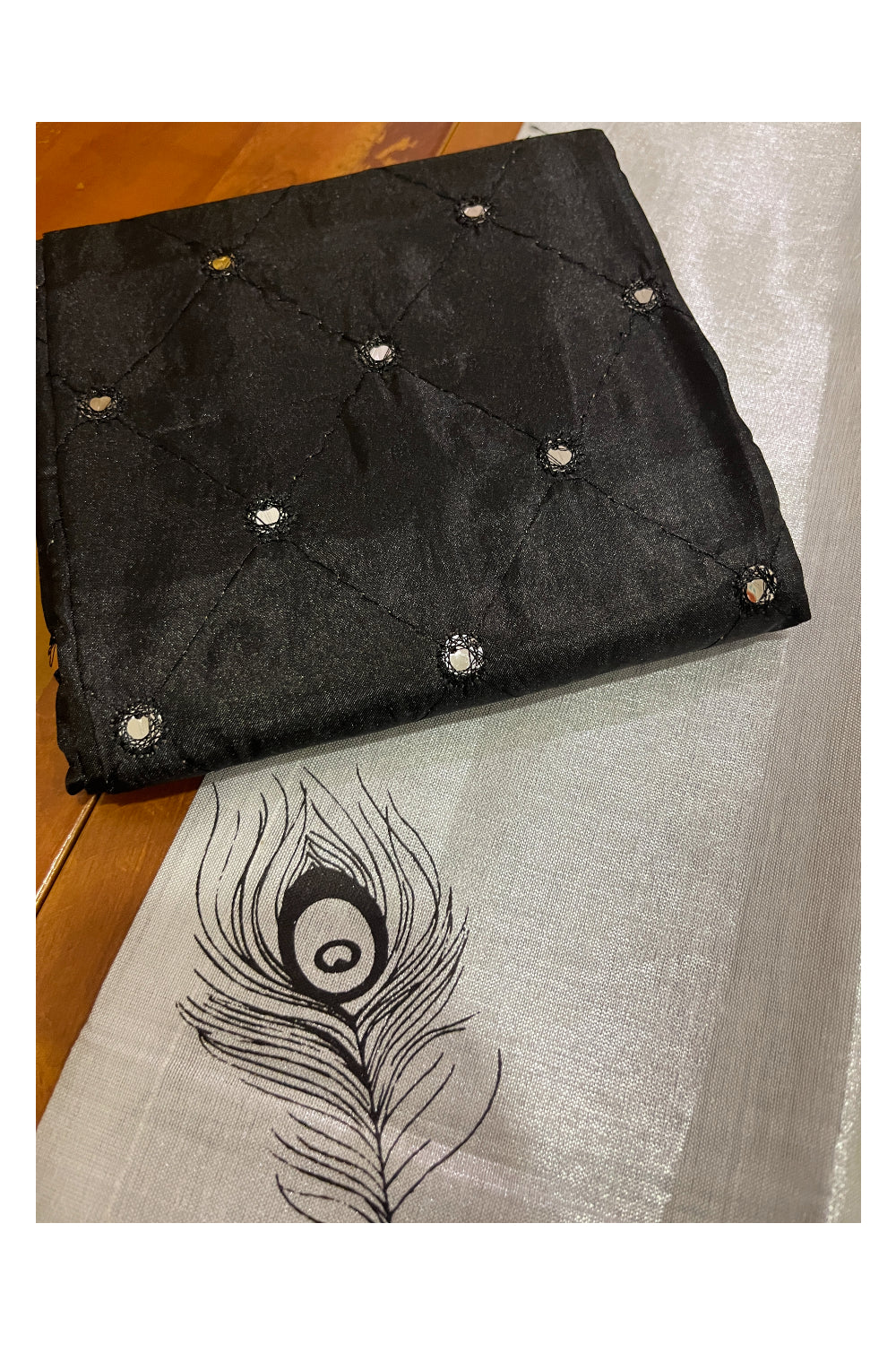 Kerala Silver Tissue Block Printed Pavada and Black Blouse Material for Kids 3 Meters