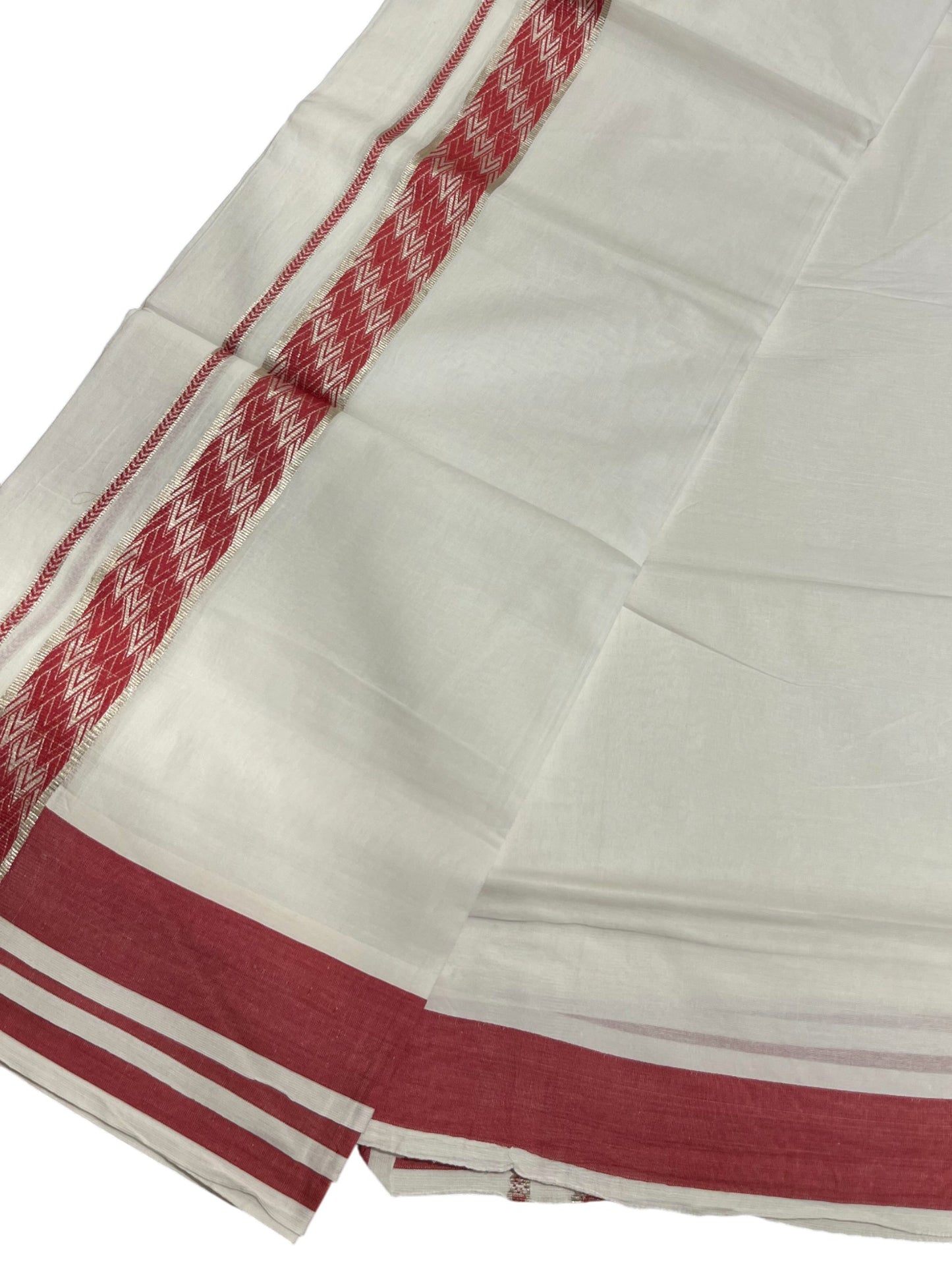Southloom Kerala Pure White Cotton Double Mundu with Silver Lines & Pink Border (South Indian Dhoti)