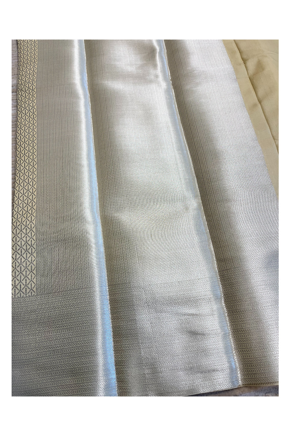 Southloom Banarasi Silver Zari Brocade Work Silk Saree in Beige Pastel Shade
