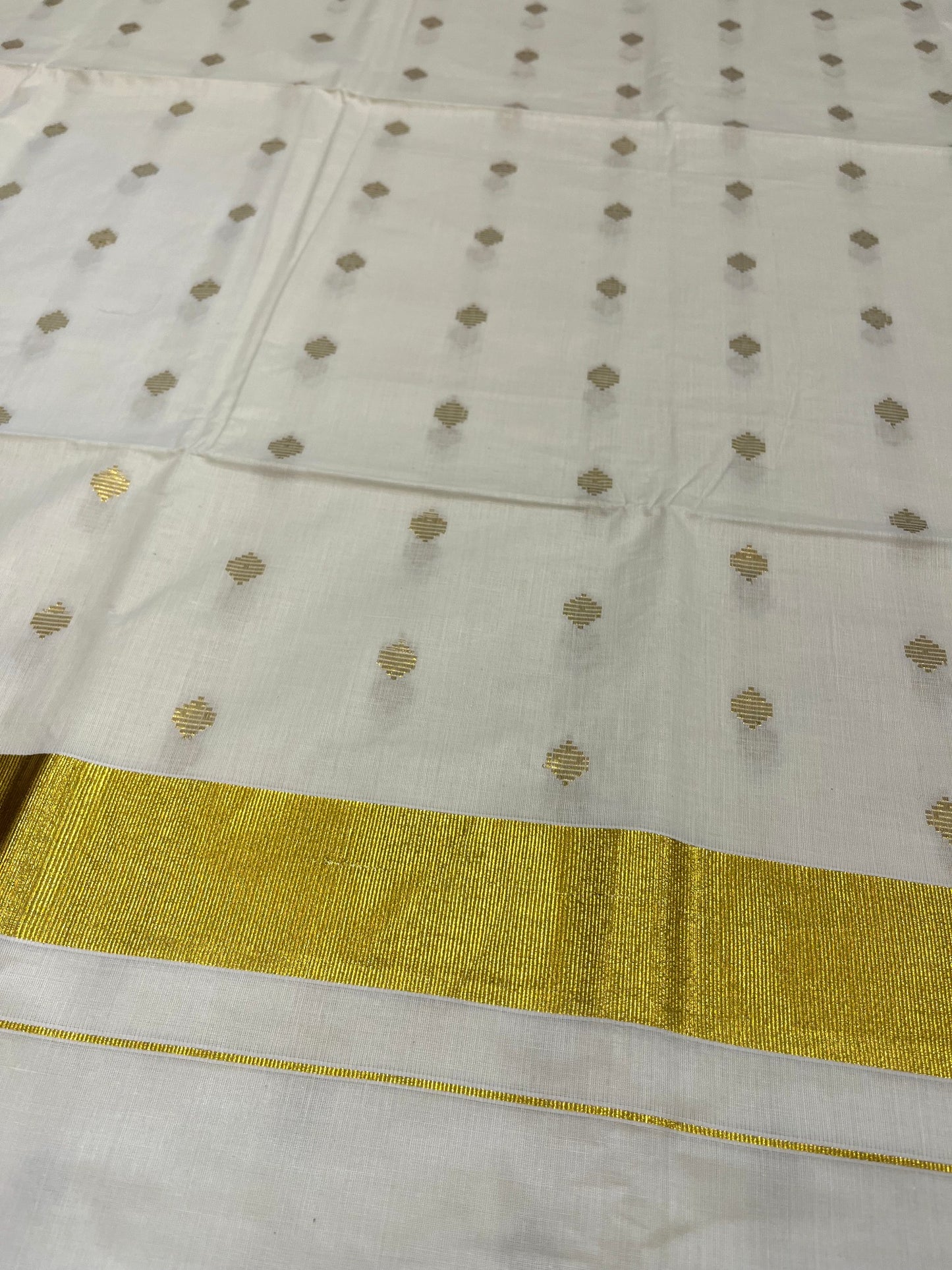 Kerala Cotton Kasavu Plain Saree with Gold Polka with Embroidery Works
