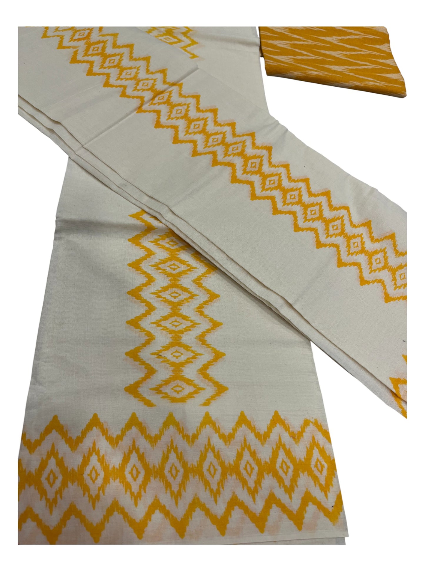 Southloom Ikat Design Yellow Printed Set Mundu with Blouse Piece 2.80Mtrs