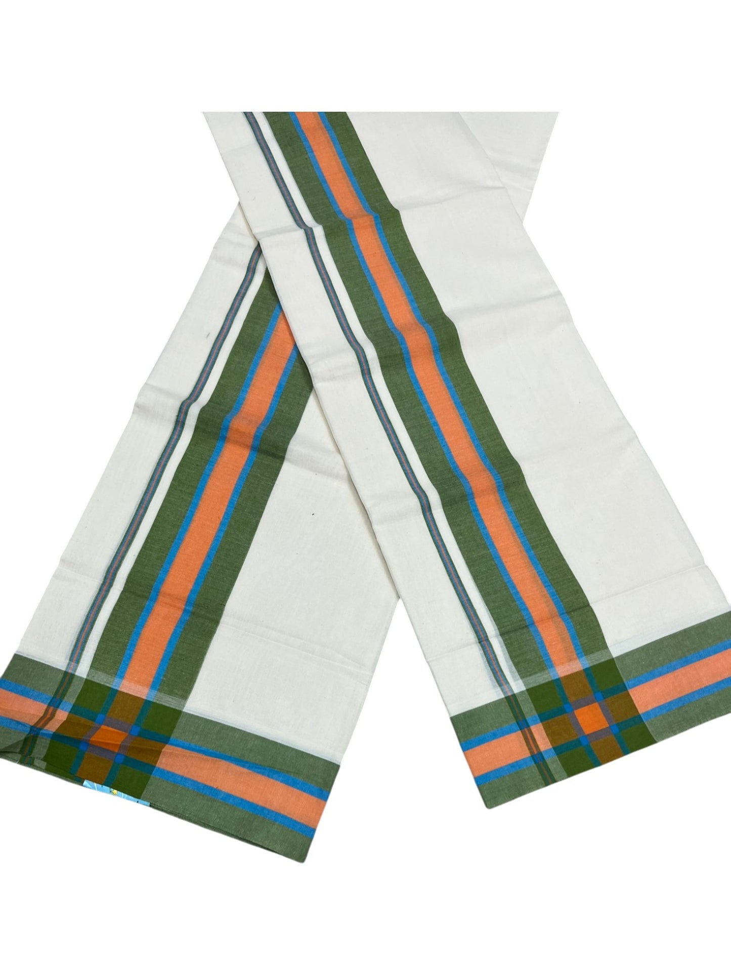 Southloom Pure Cotton Kerala Single Mulloth Set Mundu (Mundum Neriyathum) Orange & Green Border in 2.50 mtrs SL243