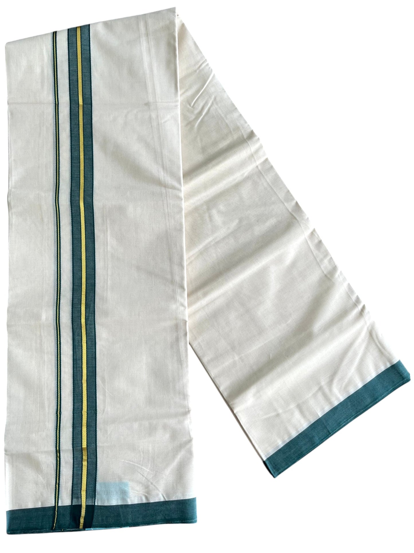 Southloom Pure Cotton Mundu with Golden Lines and Peacock Green Border (South Indian Kerala Dhoti)