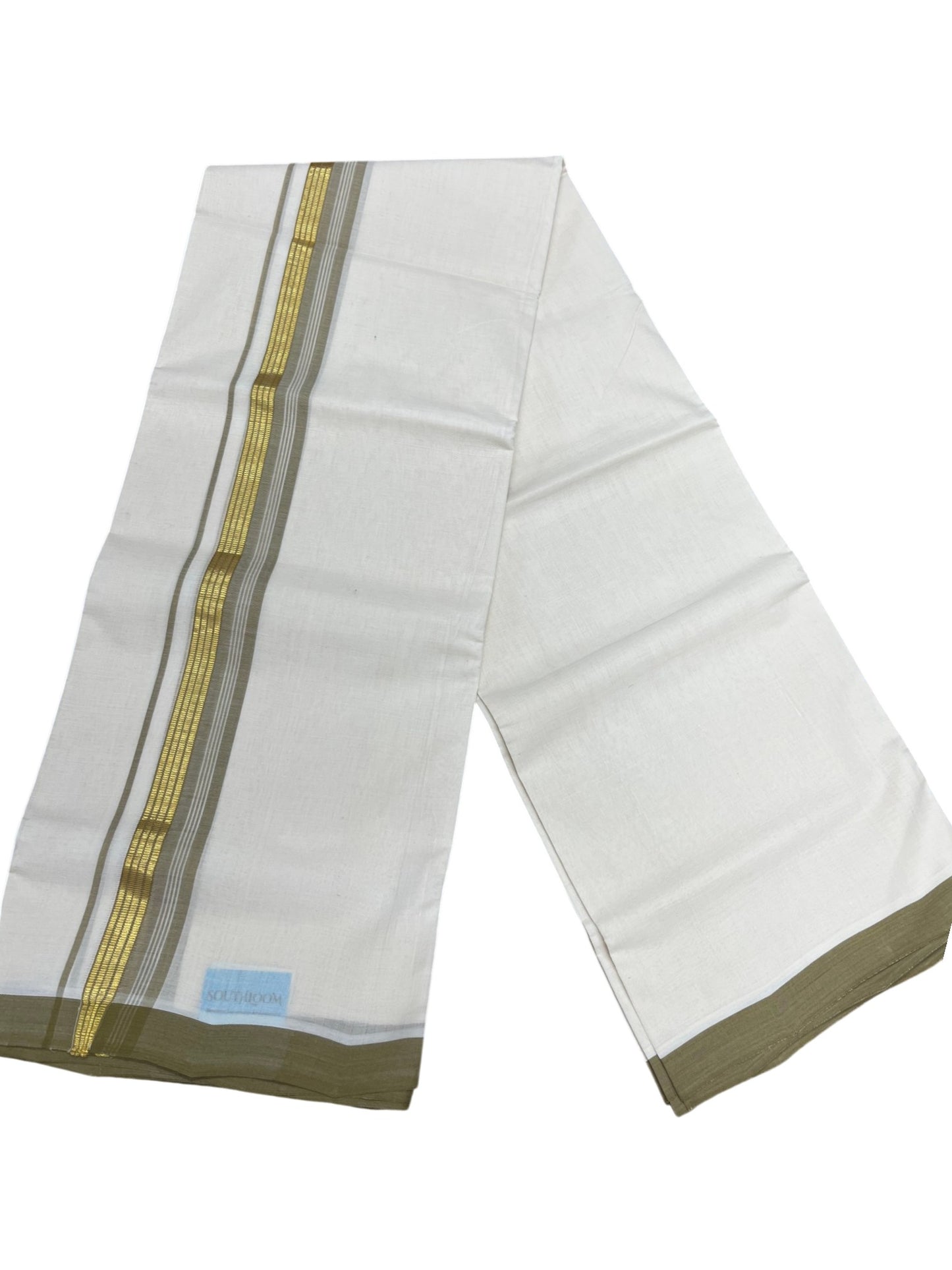 Southloom Balaramapuram Unakkupaavu Premium Handloom Cotton Double Mundu with Gold Kasavu and Olive Green Border
