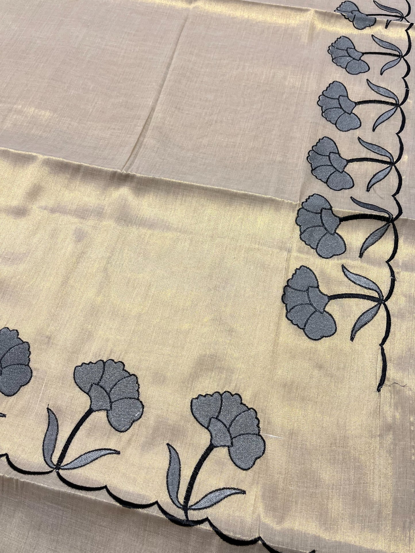 Southloom Cotton Kerala Saree with Grey Floral Embroidery Design on Border