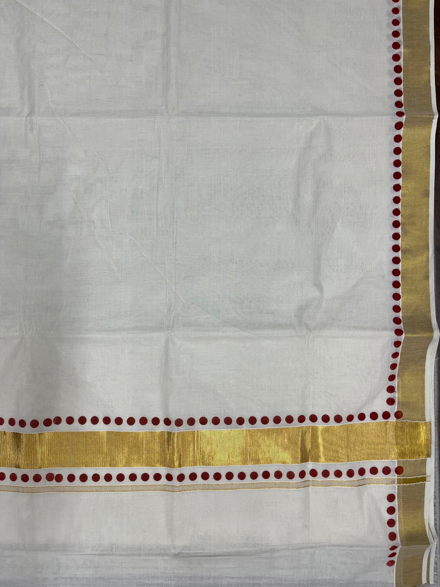 Southloom Cotton Kerala Kasavu Saree with Maroon Polk Dots Design Border