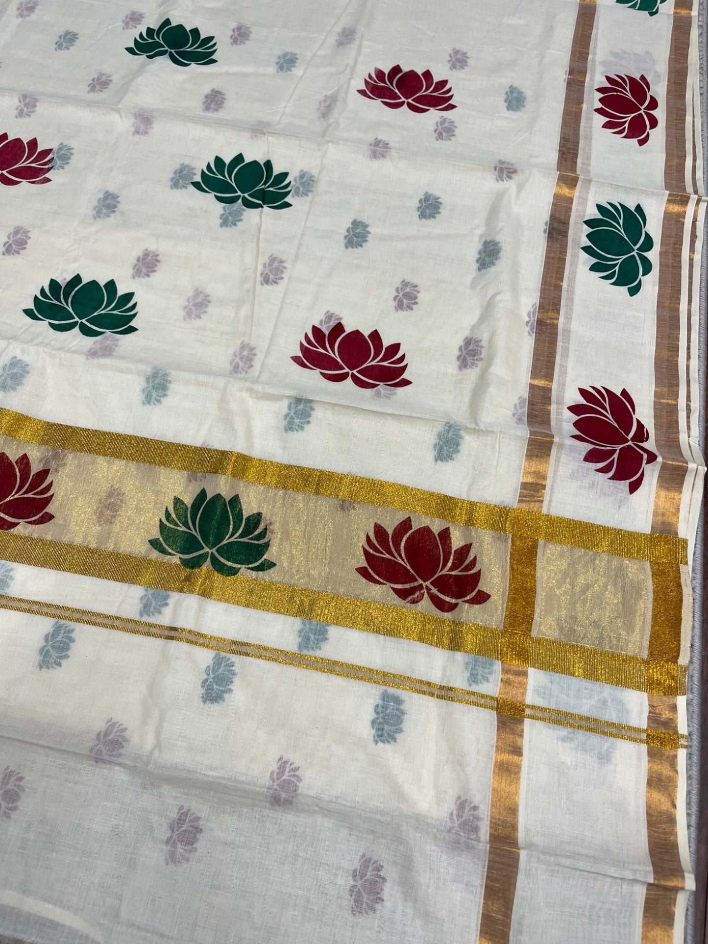 Southloom Cotton Kerala Kasavu Saree with Lotus Block Prints on Body and Border in Maroon and Green