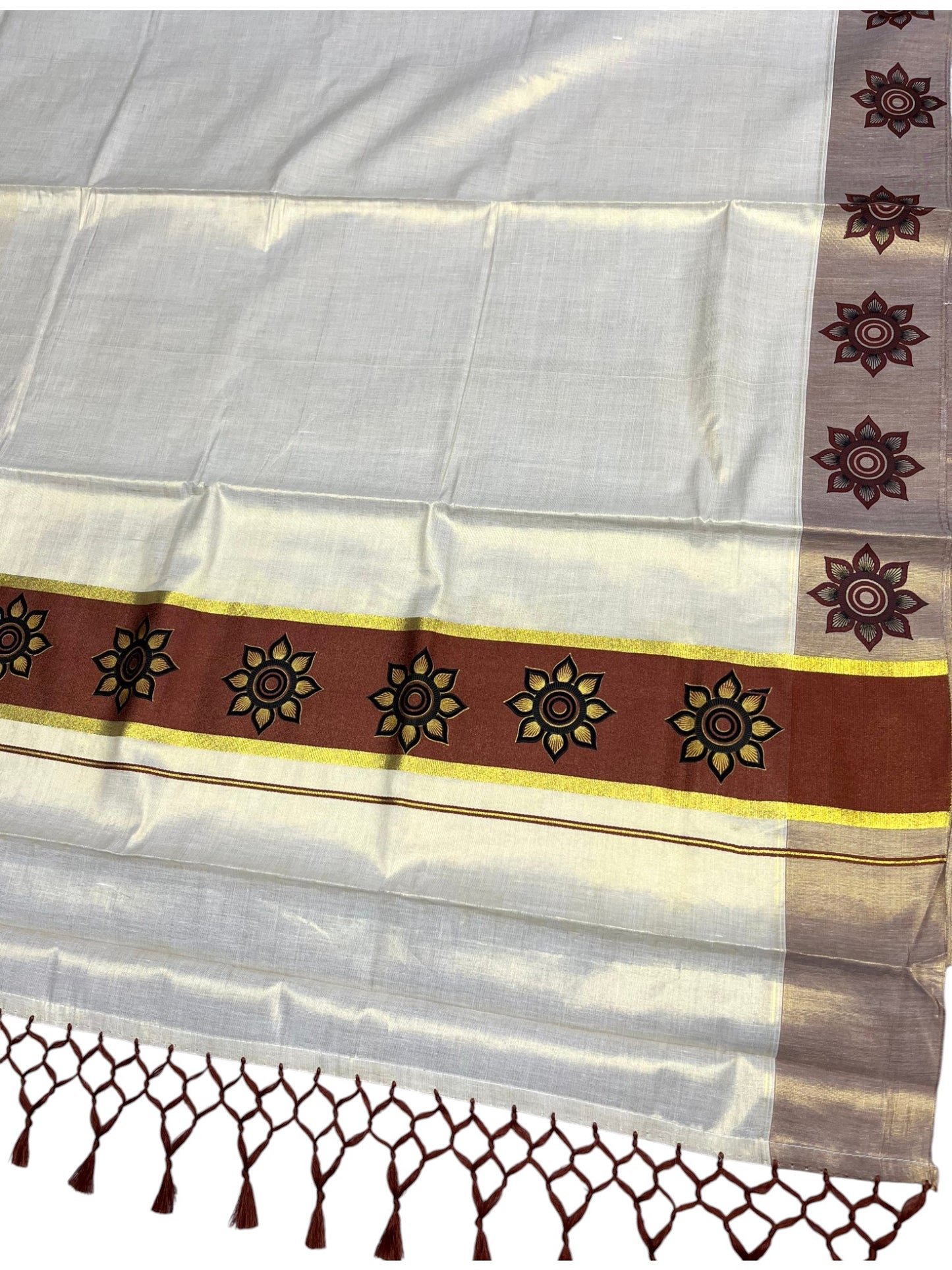Southloom Kerala Tissue Kasavu Saree with Floral Block Prints in Brown Border