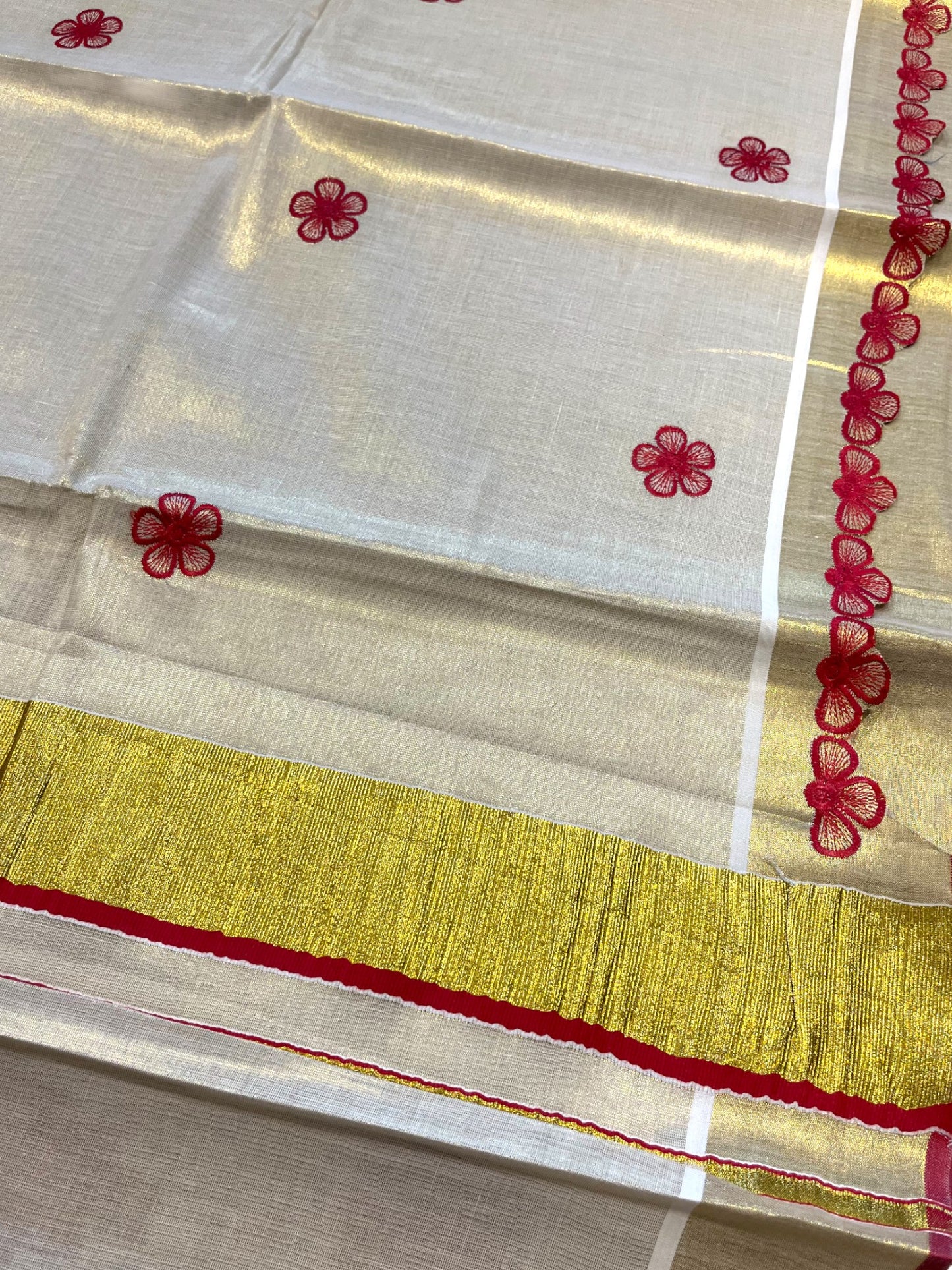Southloom Kerala Tissue Kasavu Saree with Red Floral Embroidery on Body and Border