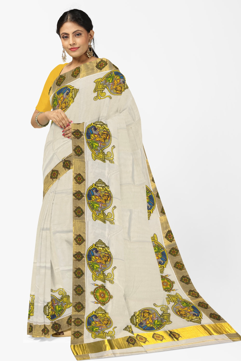 Pure Cotton Kerala Kasavu Saree with Krishna Mural Printed Art Design and Printed Border