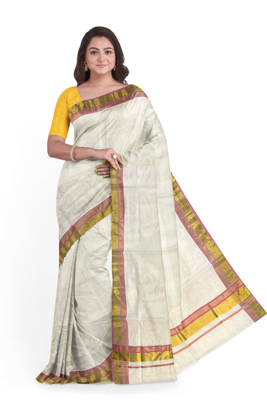 Pure Cotton Kerala Saree with Kasavu and Pink Border