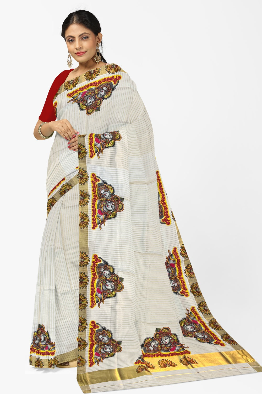 Pure Cotton Kerala Kasavu Lines Design and Krishna Radha Mural Work Saree and Printed Border