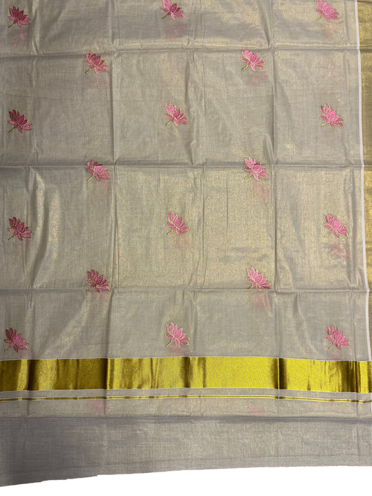 Southloom Tissue Kerala Saree With Lotus Pink and Gold Embroidery