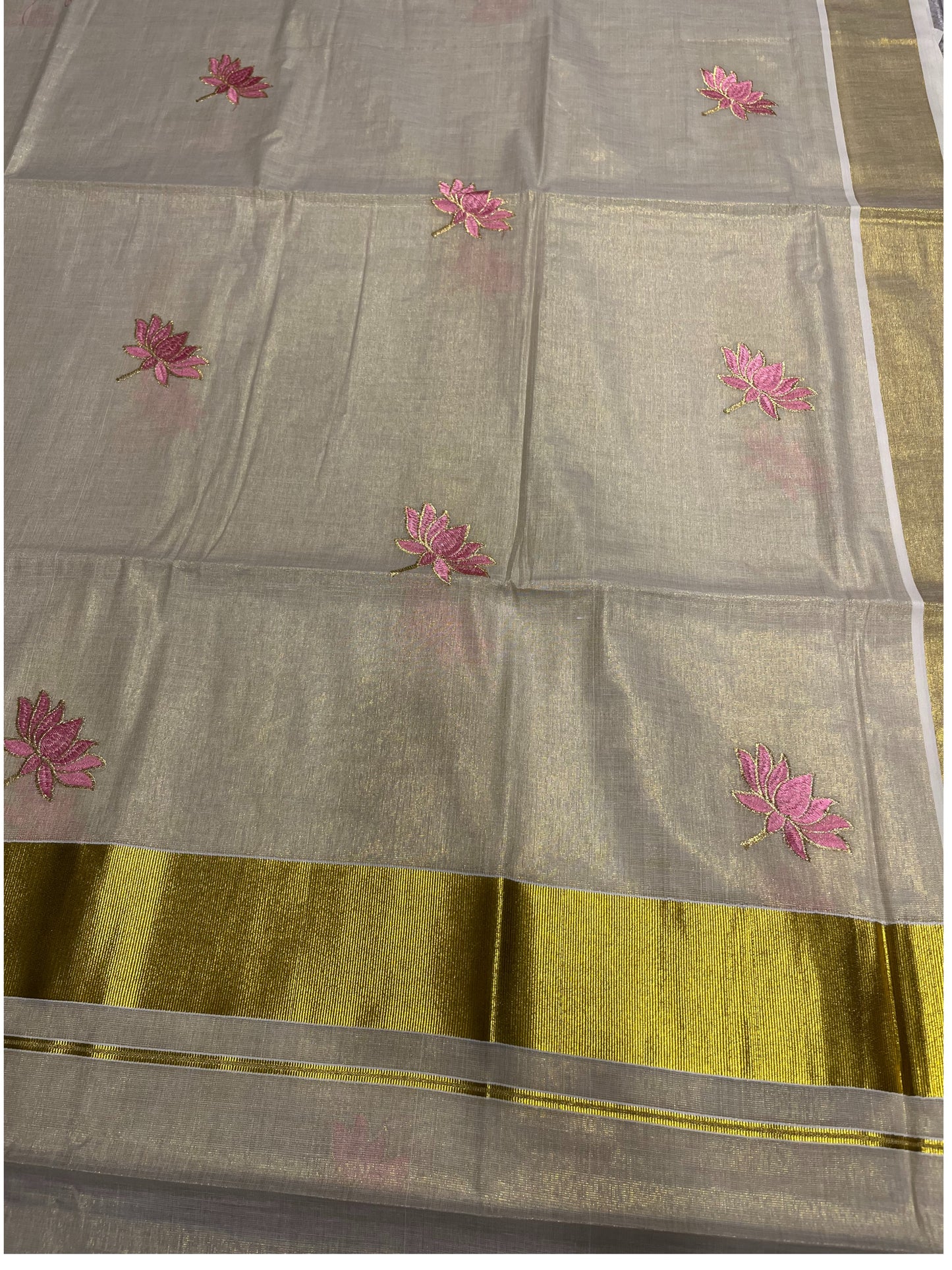 Southloom Tissue Kerala Saree With Lotus Pink and Gold Embroidery