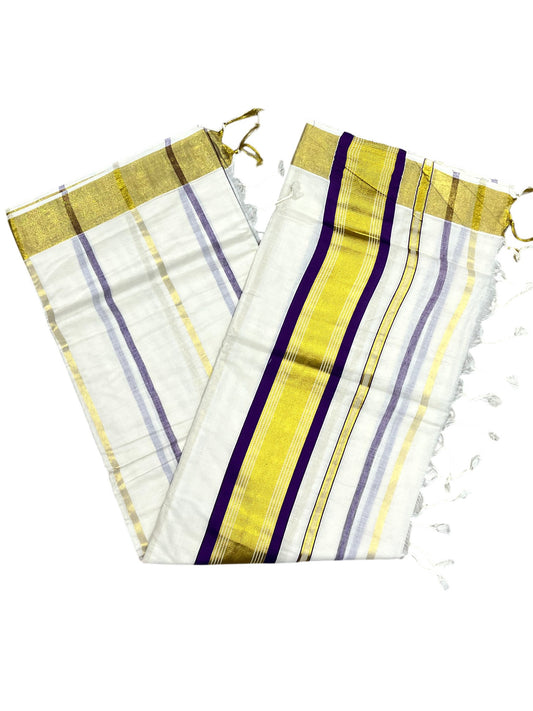 Southloom Kerala Cotton Kasavu Saree with Gold And Violet Lines on Body