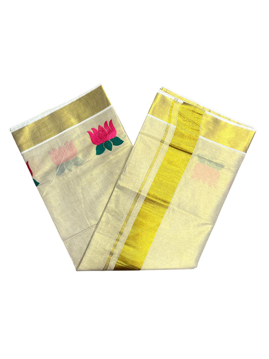 Southloom Lotus Pink and Green Embroidery Tissue Kerala Saree