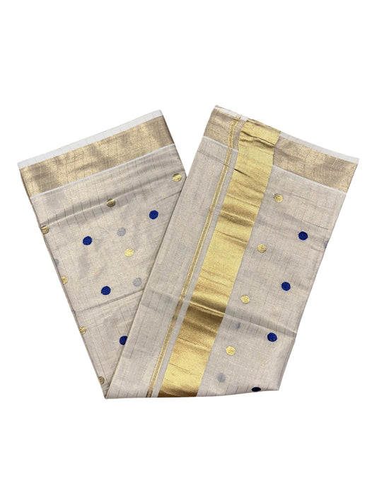 Southloom Kerala Tissue Kasavu Saree with Gold & Blue Polka Embroidery Works on Body