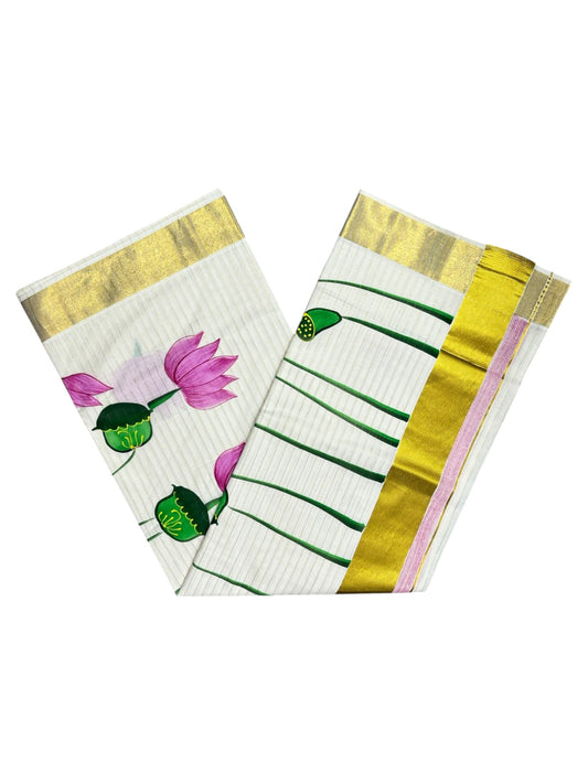 Southloom Cotton Kerala Kasavu Saree with Hand Painted Lotus Design