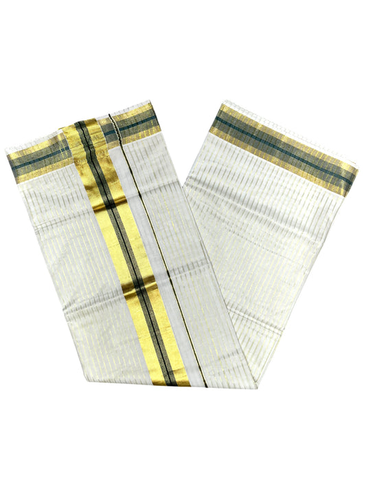 Southloom Pure Cotton Kerala Kasavu Lines Design Saree with Dark Green Border