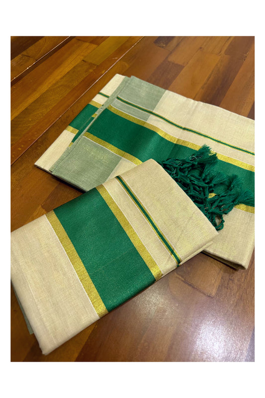 Kerala Tissue Kasavu Set Mundu (Mundum Neriyathum) with Green Border Tassels on Pallu 2.50 Mtrs (Vishu 2024 Collection)