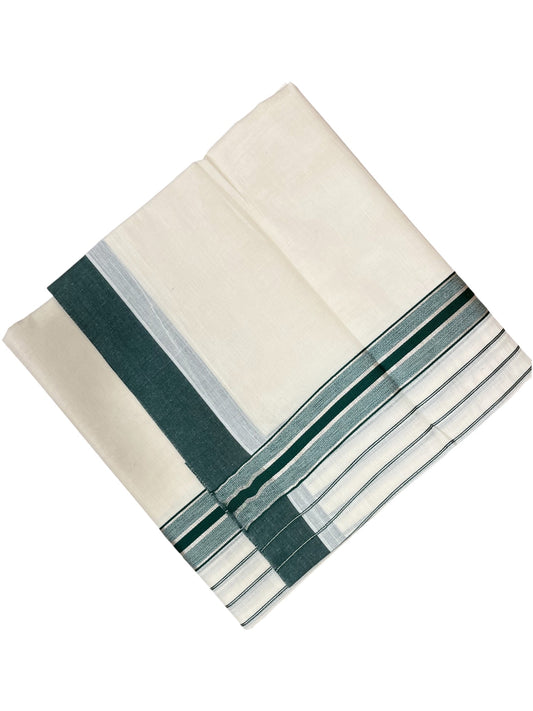 Southloom Kerala Pure Cotton Double Mundu with Green And Silver Lines Border (South Indian Dhoti)