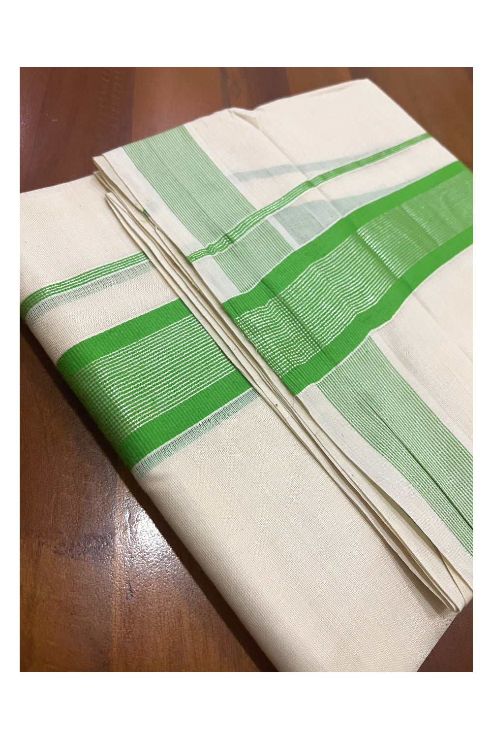 Pure Cotton Double Mundu with Light Green and Silver Kasavu Kara (South Indian Kerala Dhoti)