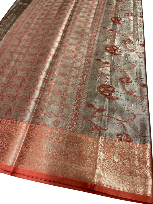 Southloom Tissue Silk Saree with Woven Work on Body and Borders (Peach & Grey)