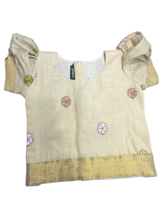 Southloom Kerala Tissue Kasavu Pavada Blouse with Embroidery Work for Kids (Age 2)