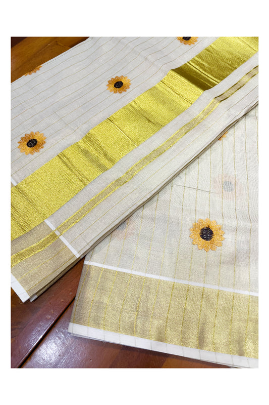 Southloom Kerala Tissue Kasavu Lines Saree with Yellow Floral Embroidery Works on Body