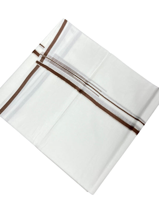 Southloom Pure White Cotton Double Mundu with Silver and Brown Border (South Indian Dhoti)