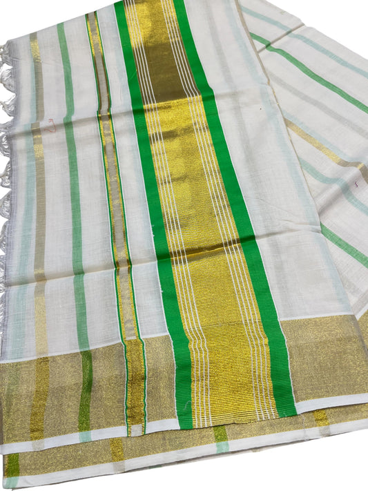 Southloom Kerala Cotton Kasavu Saree with Gold And Green Lines on Body