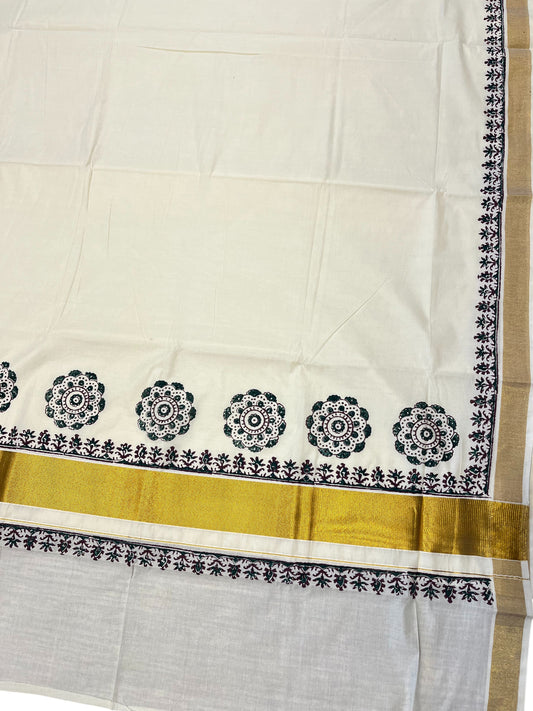 Southloom Cotton Kerala Kasavu Saree with Green and Brown Block Prints On Border