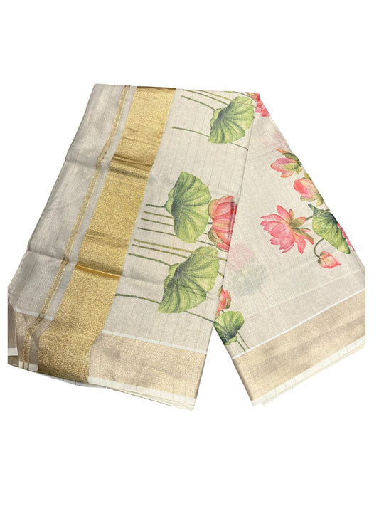 Southloom Kerala Lines Tissue Lotus Print Kasavu Saree