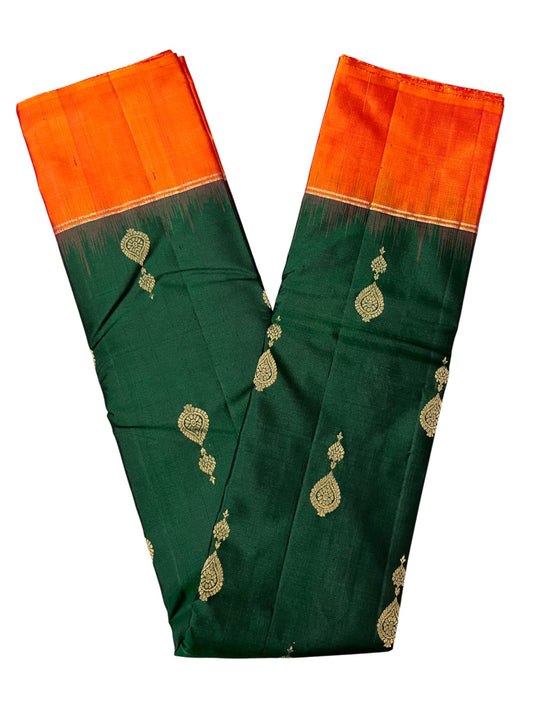 Southloom Pure Handloom Bridal Kanchipuram Silk Saree with Korvai Work (Orange & Green)