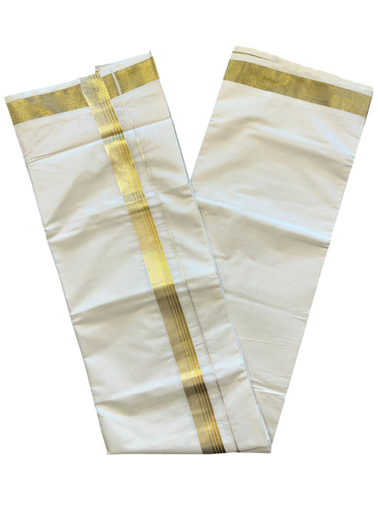 Southloom Kerala Pure Cotton Double Mundu with Gold Line Border (South Indian Dhoti)