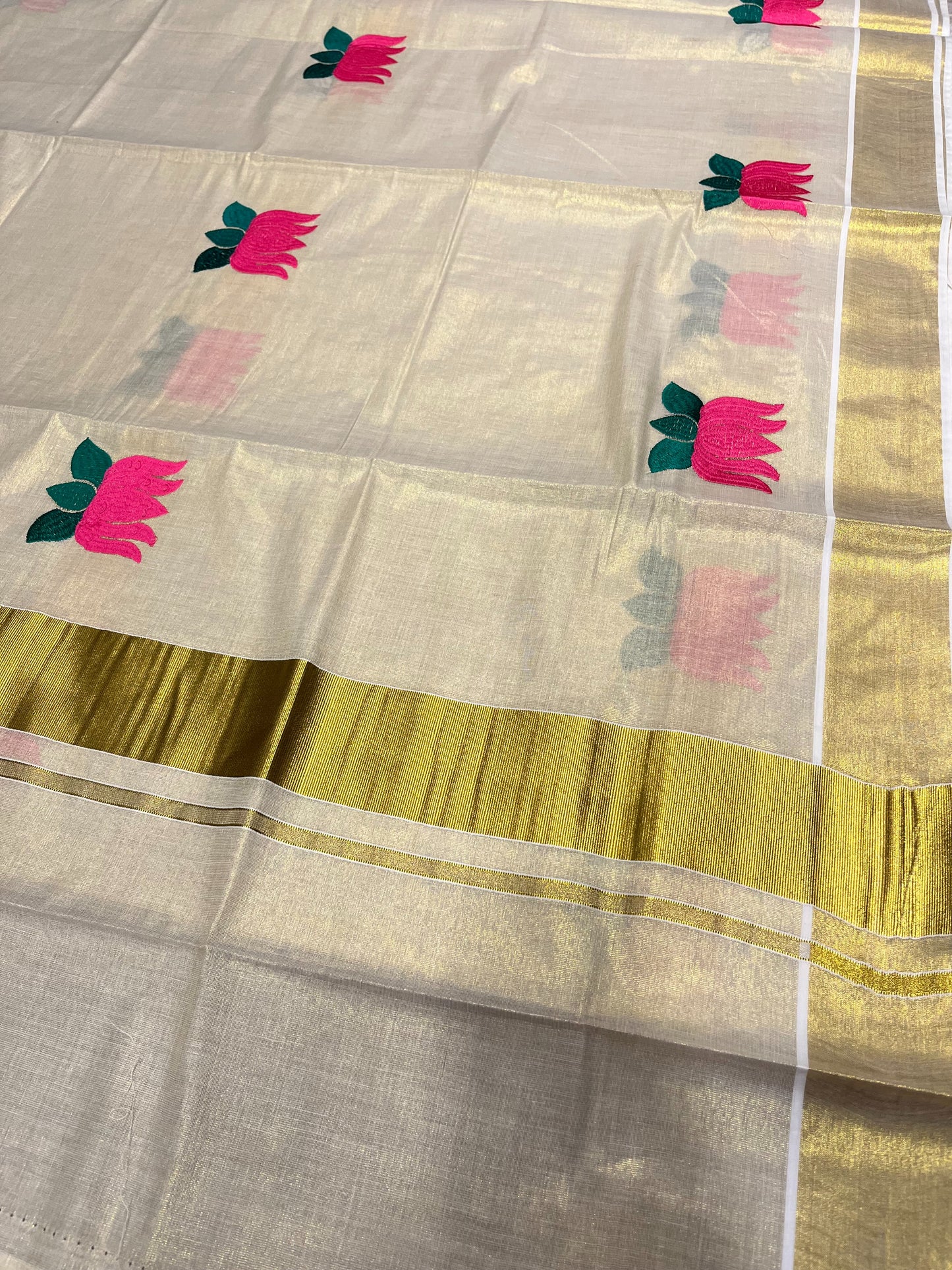 Southloom Lotus Pink and Green Embroidery Tissue Kerala Saree